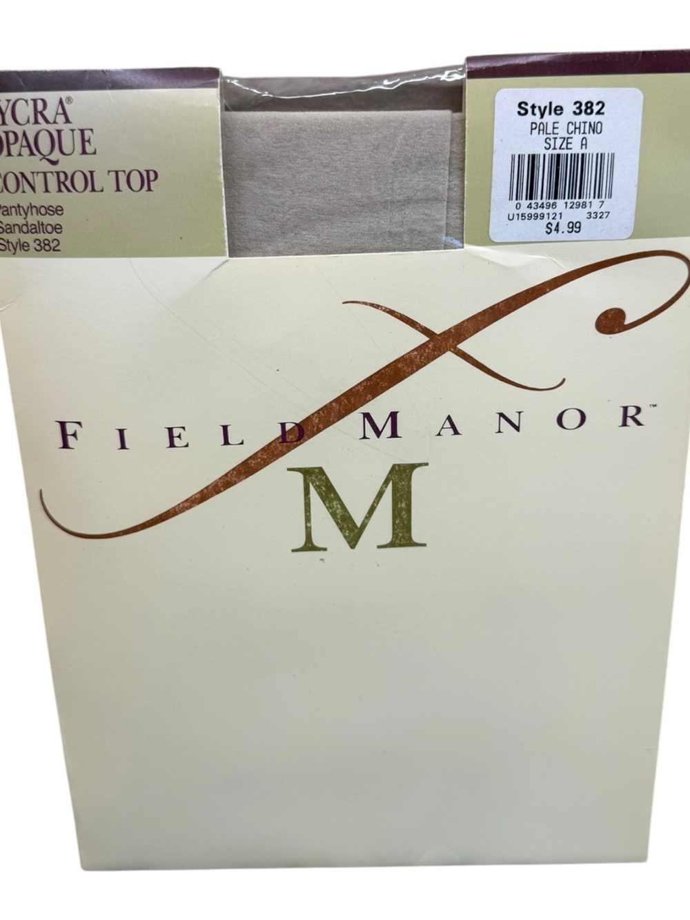 1992 Field Manor Lycra Opaque Control Top Pantyhose Style 382 Pale Chino Size B